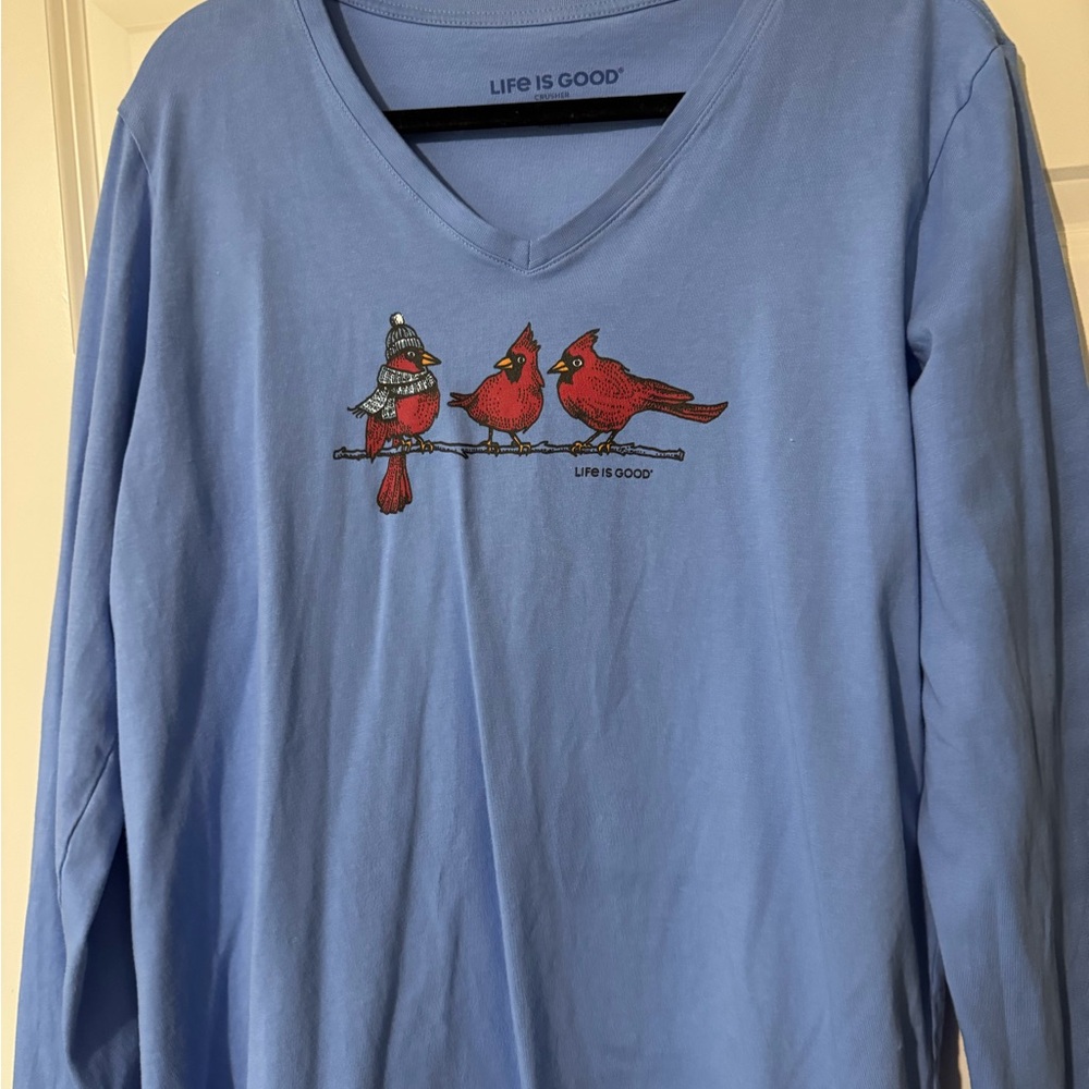 Life Is Good Blue Shirt with Red Bird Trio